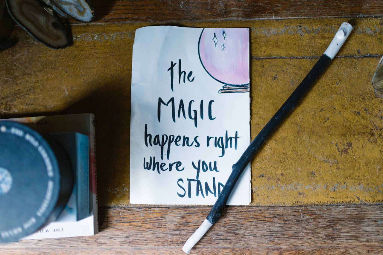 An inspiring quote on magic and belief with a wand, perfect for spiritual and mystical themes.